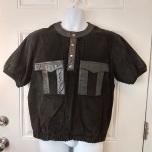 Daniel Young vintage lined black suede leather short sleeve two pocket shirt